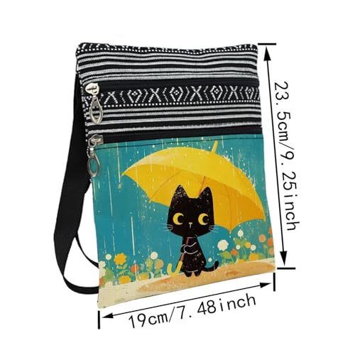 Yellow Umbrella Cat Messenger Bag Small Ethnic Pattern Printed Adjustable Strap Crossbody Zipper Bag Yellow Umbrella Cat Phone Bag Wallet Cute Shoulder Handbag for Women Friends -22