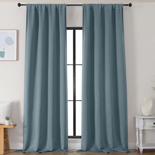 Image of Simplebrand Stone Blue Blackout Curtains for Bedroom 102 Inches Long 2 Panels, Solid Thermal Insulated, Energy Saving Living Room Window Treatment Curtains Blackout Drapes, W50 x L102 Inch, Stone Blue
