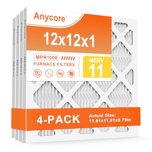 Anycore 12x12x1 AC Air Filter 4-Pack MERV 11 MPR 1000 FPR 7 HVAC Furnace Pleated Filters for Home Office (Actual Size: 11.81x11.81x0.79 inch)