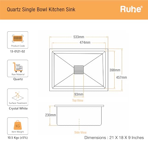 Image of Ruhe Crystal White Quartz Single Bowl Kitchen Sink - 21x18x9 inches | Noise-Reducing, Durable & Scratch-Resistant Kitchen Sink | Granite Sink with Vegetable Washing Basket, Coupling and Waste Pipe