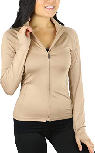 ToBeInStyle Women's Long Sleeve Full Zip-Up Track Jacket - Light Khaki - Small