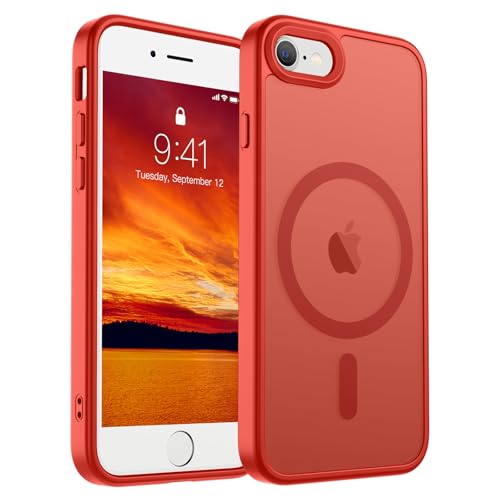 Image of SUPFINE Magnetic for iPhone SE Case 2022 (3rd) /2020 (2nd), iPhone 8 Case (Compatible with MagSafe) (Military Grade Drop Protection) Slim Translucent Matte Phone Case,Red