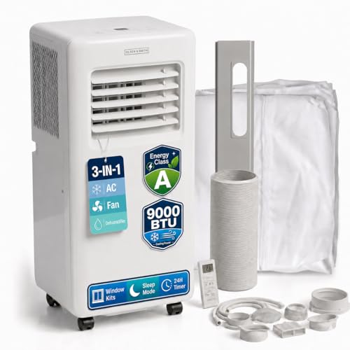 Olsen & Smith 9000 BTU Portable Air Conditioner & Dehumidifier – 3-in-1 Quiet Cooling Fan with 2 Window Kits, 24H Timer & Remote Control – Mobile Aircon for Bedroom, Home & Office, White option