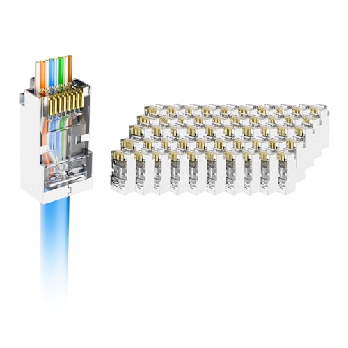 VCE Shielded RJ45 Pass Through Connectors Cat6 50-Pack, Ethernet Crimp Modular Plug for Cat6/Cat5/Cat5e STP & UTP Network Cable, Interference-Resistant