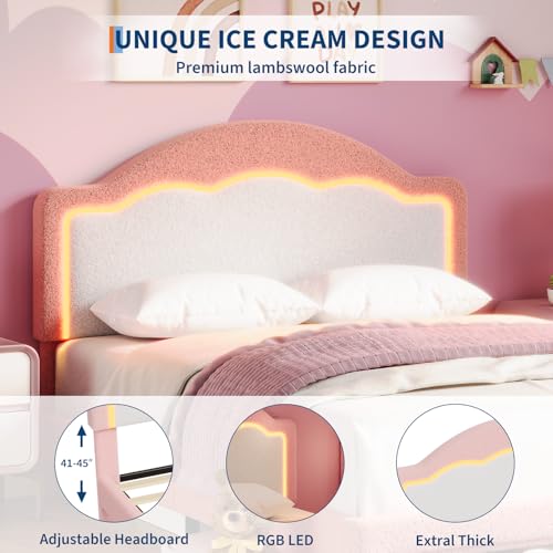 Image of GarveeHome Bed Frame with LED Headboard for Kids, Sherpa Upholstered Platform Bed Frame with Storage Drawer and Wood Slat Support, No Box Spring Required, Easy to Assemble (Pink, Twin)