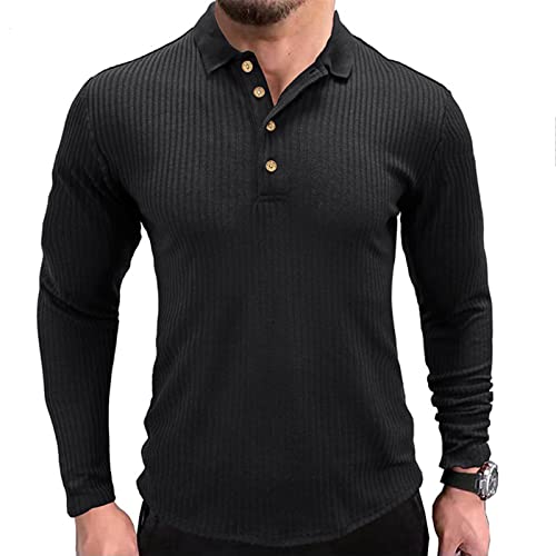 NJNJGO Camiseta polo masculina com nervuras e stretch slim fit manga comprida para treino, Preto, M