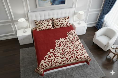 Image of Fresh from Loom Bed Cover, Abstract Printed Bedsheet Set with 2 Pillow Covers, Chenille 500 TC Fabric, Soft Comfortable Bed Cover for Bedroom Decor, Breatha 90x100 Inches | Trangle Red | Chenille