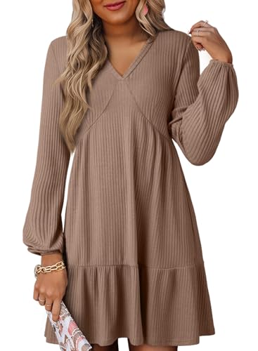 Image of Dokotoo Womens Dresses Long Sleeve V Neck Lightweight Ribbed Knit Empire Waist Casual A Line Swing Mini Dress