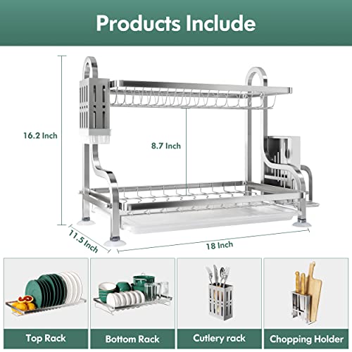 Majalis Stainless Steel Dish Drying Rack Large 2 Tier Dish Rack With 3 Drainboard Set & Cutting Board/Utensil/Knife Holder Two Tiered Dish Drainer For Kitchen Counter (Silver 2021) #TOP5