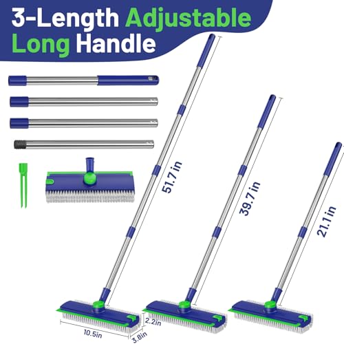 Image of 3 in 1 Floor Scrub Brush with Long Handle & Squeegee | Heavy-Duty, Adjustable, 360 Rotating Head for Cleaning Tile Bathroom Deck Kitchen Patio, Blue