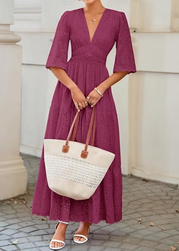Lazysmile Long Sleeve Dresses for Women V Neck Hollow Out Eyelet Ruffle Swing A-Line Fall Vacation Boho Maxi Dress Burgundy — view 3