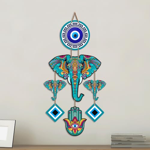 Image of Artvibes Tribal Elephant Evil Eye Wall Hanging for Home Entrance | Nazar Battu MDF Decorative Wall Art | Lucky Vastu Decor for Living Room | Bedroom | Office & Hallway | Housewarming Gift (WH 8548N)