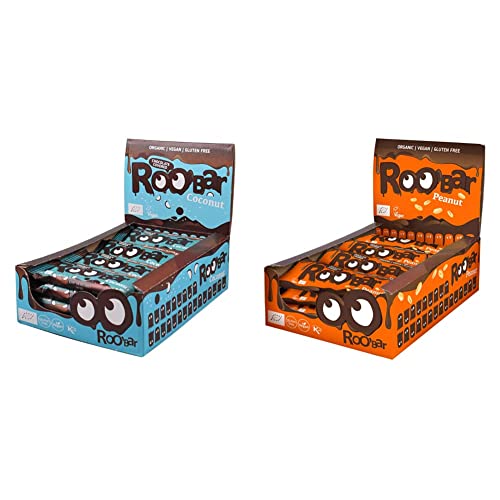 Roobar Kokos-Riegel mit Schokoladenüberzug - 100% Bio, Vegan, Fruchtriegel, milchfrei & glutenfrei, ohne raffinierten Zucker - 16 x 30g Riegel & Erdnuss-Riegel mit Schokoladenüberzug - 16 x 30g Riegel Cover