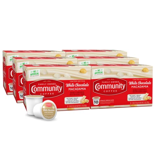 Image of Community Coffee Limited Edition White Chocolate Macadamia 60 count Flavored Coffee Pods, Medium Roast Compatible with Keurig 2.0 K-Cup Brewers, 10 count (Pack of 6)