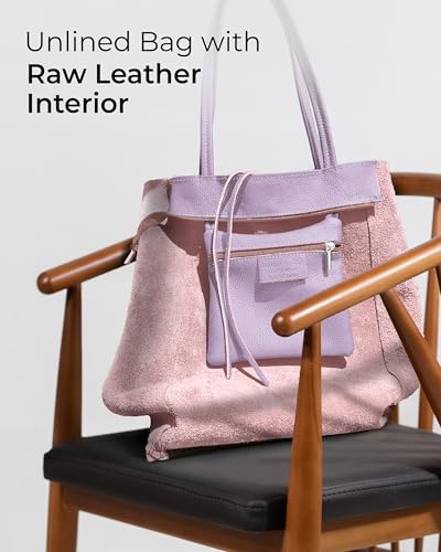 Image of Genuine Italian Leather Tote Bag for Women, Large Slouchy Purse, Lilac | Unstructured bag, raw unlined interior with zip pocket, top zipper, side ties, folds flat, fits a 16-inch laptop, lightweight