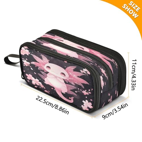 Image of ALAZA Cute Axolotl Cherry Blossom Large Pencil Case, Pen Pouch Pencil Bag with 3 Compartments Pen Holder Organizer Stationery Bag