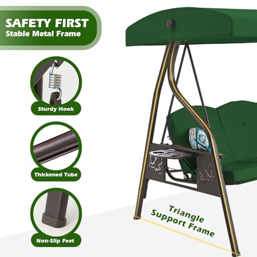 Image of ZZW 3-Seat Outdoor Porch Swing with Stand Patio Swing with Canopy 2 in 1 Porch Swing Bed & Patio Swing Chair for Adult Yard Swing w /Extra Pillows and Cup Holder (Green)
