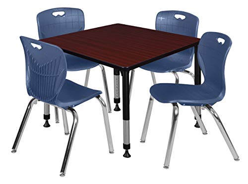 Romig Trek 42 in. Square Adjustable Classroom Table- Mahogany & 4 Andy 18 in. Stack Chairs- Blue