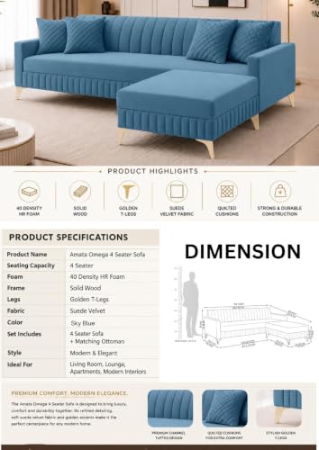 Image of AMATA Falcon 4 Seater L Shape Suede Velvet Fabric Sky Blue Colour Sofa Set with Two Cushions Perfect for Home Office Guests Living Room (Falcon Sky Blue, Falcon 4 Seater l Shape)(3 Year Warranty)