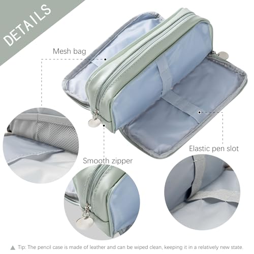 Image of EMUFOOK Large Capacity Pencil Case 3 Compartments Pencil Pouch Organizer with Zipper Portable Stationery Pen Bag Cute Aesthetic Gift for School Teen Girls Boys Men Women, Green