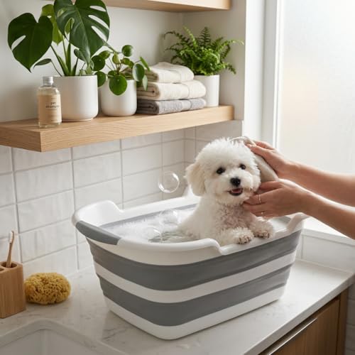 Image of Varybeaty Collapsible Dog Bathtub with Drain Plug - Foldable Portable Pet Bath Tub for Small Dogs & Cats, 25L Large Travel Shower Basin, Lightweight PP &TPR Material (Grey, 23x16x11 Inches)