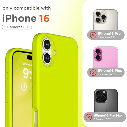 Image of Magnetic for iPhone 16 Case, Compatible with MagSafe, Liquid Silicone Phone Cover with Screen Protector & Camera Protector, Soft Anti-Scratch Microfiber Lining Inside 6.1 inch, Neon Yellow