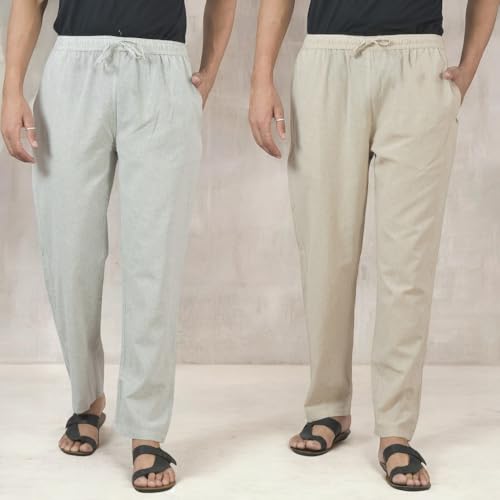 Image of Qashida Men's Cotton Handloom Pants - Combo of 2 - Comfortable Everyday Bottom Wear, White and Beige