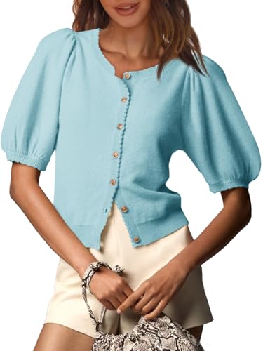 Image of Saodimallsu Womens Puff Short Sleeve Cardigan Lightweight Summer Button Down Shirts Knit Crew Neck Sweater Tops