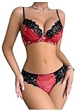 SOLY HUX Women's Sexy Lace Mesh Lingerie Set Floral Underwire Push Up Bra and Panty 2 Piece Sets Red and Black Small