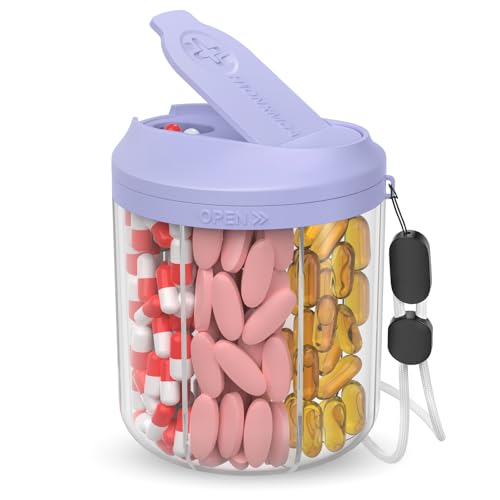 Image of Hionxmga Pill Dispenser with 7 Large Compartments, Pill Organizer for Travel, Supplement Organizer with Anti-Mixing Design, BPA-Free Pill Container with 20 Pcs Labels, Purple