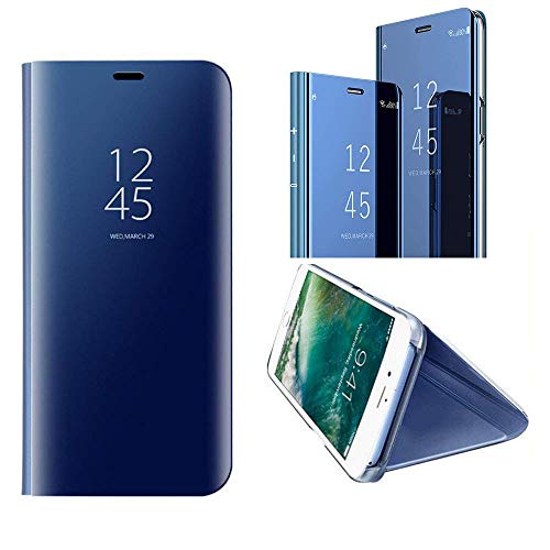 KeKeYM XiaoMi Note 3 Mirror Cases, XiaoMi Mi Note 3 Case Leather Protective Cover, Smart Clear View Window Fashion Slim Fit Plating Hard Flip Case with Make Up Mirror Case - Blue