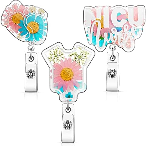 3 Pcs Baby Theme Badge Holder Reel Retractable Nurse Gifts Baby Feet Nurse Badge Reel Nurse Badge Accessories Dried Flower Resin Badge Holders Handmade Badge Clips for Nursing Students Doctor Cover