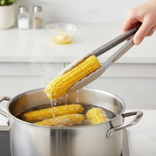 Deconox Mutfak Maşası Yemek Izgara Salata Barbekü Kızartma Maşası, Isıya Dayanıklı Paslanmaz Çelik Saplı Silikon Yemek Maşası 3 Renk Seçeneği (Gri-Krem-Bej) (BEJ) - Görsel 2