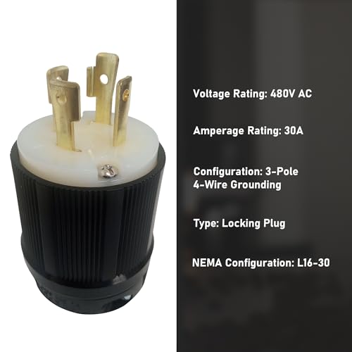 Image of OCSParts L16-30P Grounding Locking Plug, 30A 480V AC, 3 Pole 4 Wire, cUL Listed, NEMA L16-30 (Pack of 5)