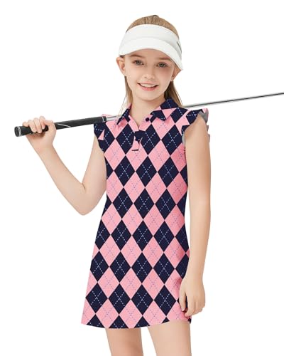 Recopilación de Ropa de Golf para Niña Top 10. 42 Soneven - Vestidos de tenis para niñas, sin mangas, con pantalones cortos, manga con volantes, vestido atlético con bolsillos, Rosa Azul Argyle, Medium
