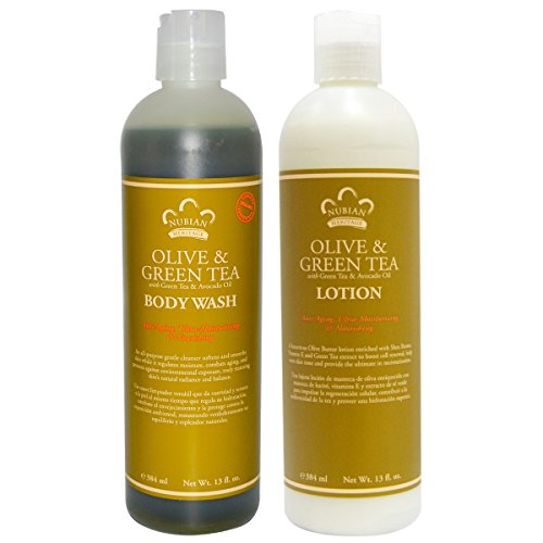 Nubian Heritage Olive & Green Tea Body Wash and Body Lotion Bundle, With Green Tea Extract, Avocado Oil, Olive, Shea Butter and Vitamin E, 13 fl oz each