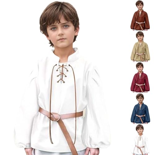 Medieval Renaissance Pirate Shirt for Boys Long Sleeve Retro Medieval Tunic Mandarin Collar Pirate Shirt Lace Up Tops2