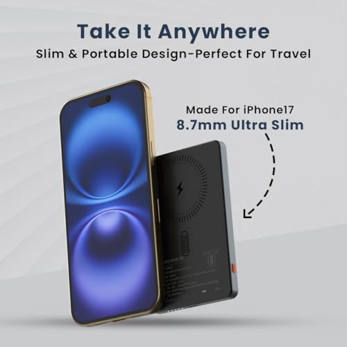 Image of TEMPT JoosMag5k Slimmest (8.7mm), Metallic Body for iPhone 17 /16 /15 /14 /13 /12 |5000mAH MagSafe Wireless Power Bank | 15W Wireless and 22.5W PD Fast Charging (Grey)