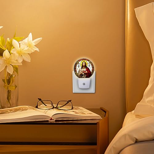 Image of Round LED Night Lights Lamp with Dusk to Dawn Sensor, Jesus Christ with Sacred Heart in Hands Night Light Plug Into Wall for Kids Room, Bedroom, Bathroom, Kitchen, Hallway
