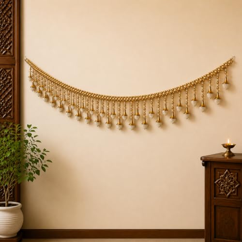 Image of Vinart Decorative Pearl Toran Bandhanwar with Gold Accents, Traditional Door Hanging for Temple, Wedding, Festival Decoration, White and Gold 3ft