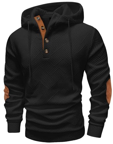 Mens Fashion Pullover Hoodies Long Sleeve Thermal Drawstring Button Texture Hooded Sweatshirt