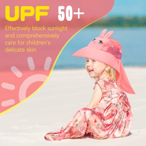 Image of SNOWIE SOFT Wide Brim Sun Hat for Kids Girls with Neck Flap Shawl, UPF 50+ Adjustable Chin Strap Sun Protection Hat for Girls 2-10 Years Old, Summer Breathable Sun Visor Hat Windproof Beach Hat