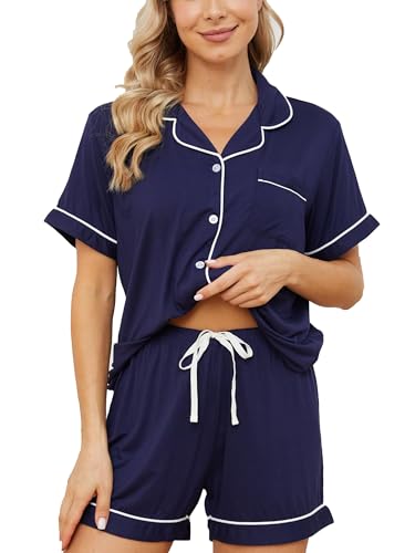 Image of Womens Pajama Sets Short Sleeve Sleepwear Soft Button Down Nightwear Lounge Pj Set XS-XXL