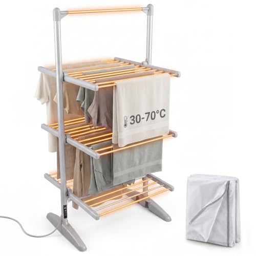 Silvergear® Séchoir à Linge Chauffant Intérieur Premium | 73x70x147cm | Étendoir à linge 4 niveaux pliant pour intérieur, housse de protection incluse, température réglable de 30 à 70 °C, gris
