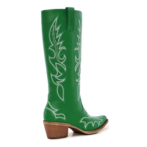 Image of Uillnoodu Women's Turquoise Cowgirl Boots - Wide Calf Mid Calf Western Boots Plus Size Embroidered Cowboy Style with Block Heel
