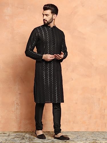 Image of KISAH Men Black Kurta, Cotton, Full Sleaves, Knee Length, Straight, Regular Fit, Mandarin Collar Ethnic Wear, 40