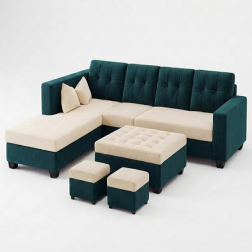 Image of FURNY Nathan 8 Seater L Shape Sofa Set LHS (Green Teal-Cream) | Suede Velvet Finish | Durable Comfort Sofa for Modern Living Room & Office Spaces