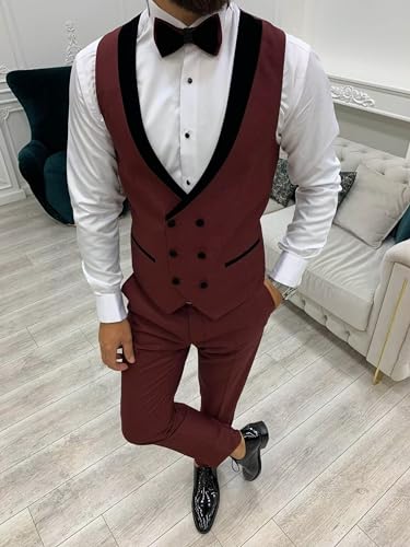 Wangyue Tuxedo for Men Slim Fit 3 Piece Suit Velvet Shawl Lapel Double Breasted Vest Wedding Prom Suits with Bow Tie4