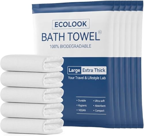 ecolook Disposable Bath Towels for Travel 6-Pack Extra Large 31x63 100GSM Plant Fiber Dual Texture Soft & Quick-Drying Disposable Towels for Hotel Camping Beach Swimming Gym Sauna Spa