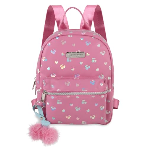Image of Jessica Simpson Women's Mini Backpack, 10 Inch Vinyl Handbag Purse with Plush Keychain for Travel, Commute, Party, Festival (Pink Metallic Hearts & Cherries)